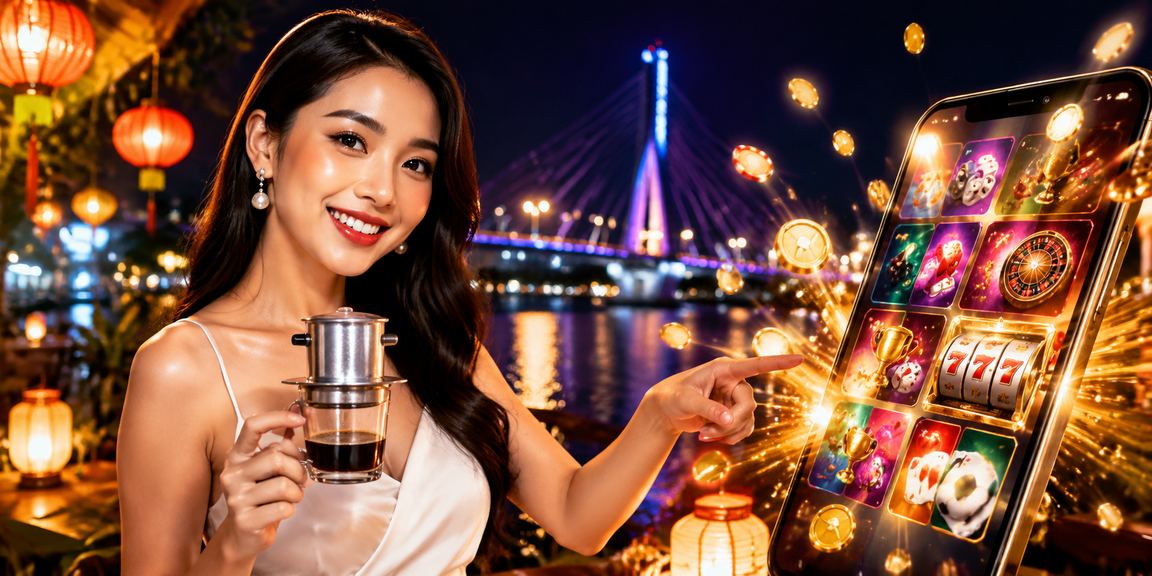 Khách du lịch tại Hội An kiểm tra voucher casino trên điện thoại trong quán cà phê đèn lồng