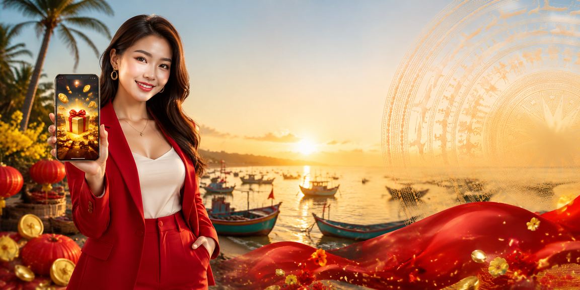Người dùng đăng ký tài khoản và nhận bonus tại bãi biển Mũi Né với không khí thư giãn