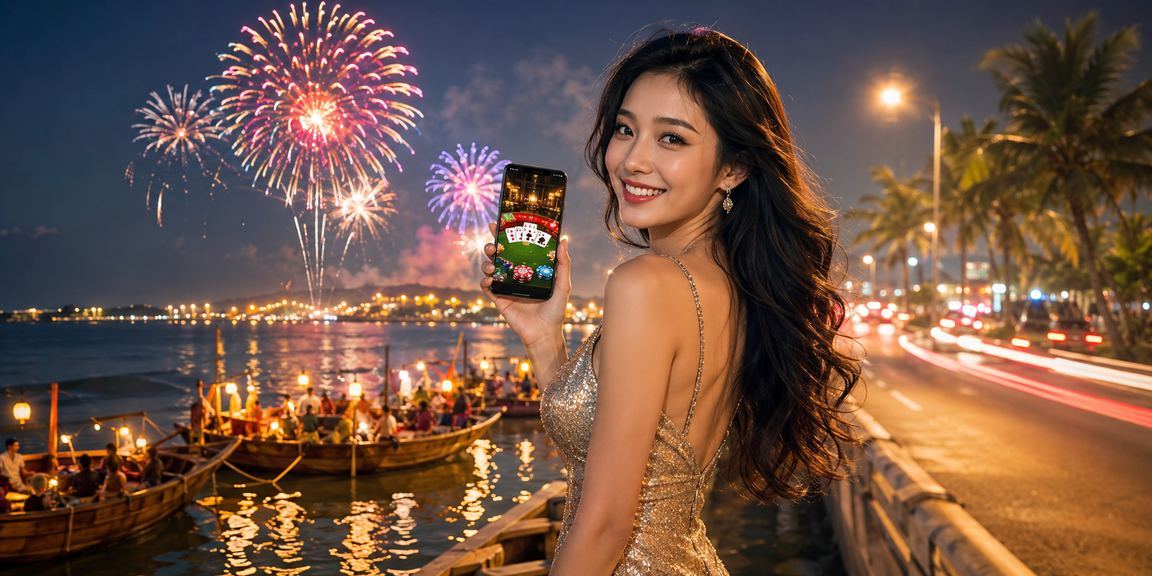 Người dùng chơi live casino trên điện thoại tại bãi biển Phan Thiết trong không khí lễ hội
